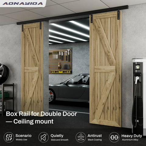 Ceiling Mount Box Rail Barn Door Hardware Kit For Double Doors installed in a garage, sliding track system, wood doors