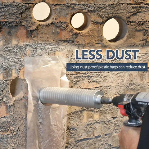 Drilling a brick wall with Two And A Half Inch Diamond Dry Core Drill Bit With Ten Inch Drilling Depth For Concrete Masonry Brick Block Five Eighth Inch Thread Includes SDS Plus SDS Max And Hex Adapters Rotary Only Diamond Alloy Tip.