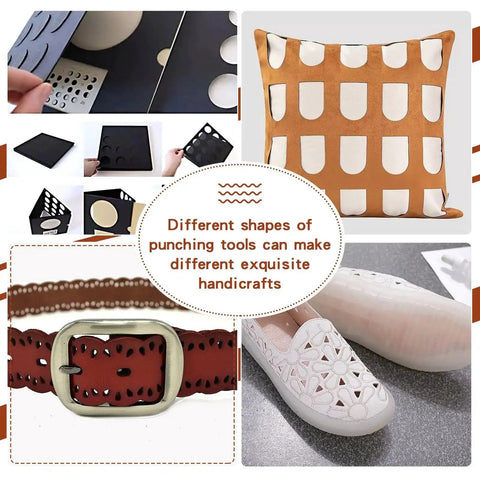 Collage featuring different uses of Eight Piece Leather Circle Cutter Set With High Carbon Steel Round Punches, crafts include belts and pillows.