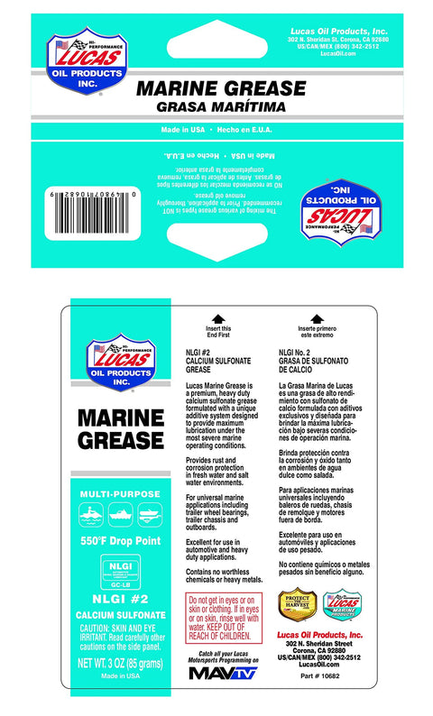 Lucas Oil Marine Grease 3 oz combo pack; turquoise front label with Lucas logo and back NLGI #2 details