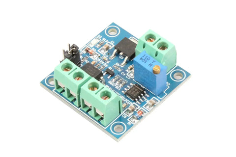 Compact PWM to 0 to 10V analog converter module for PLCs and industrial control boards, showing green and blue terminal blocks.