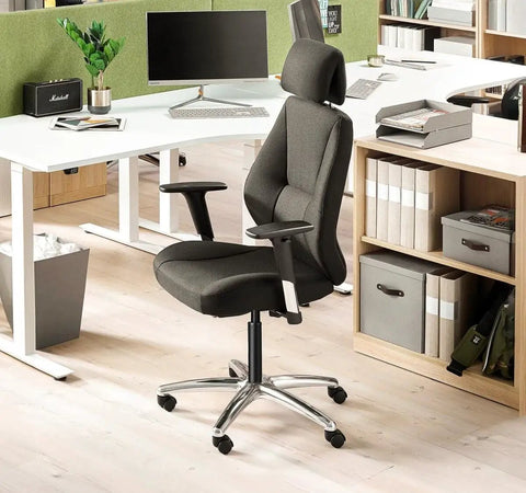 Modern office chair in workspace setting with Office Chair Gas Cylinder Replacement Kit With 6 Inch Stroke Heavy Duty Hydraulic Piston.