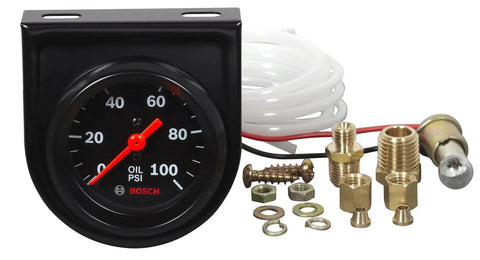 Style Line 2 Inch Mechanical Oil Pressure Gauge With Black Dial And Bezel By Bosch 0 To 100 Psi 270 Degree Sweep, fittings, tubing, hardware.