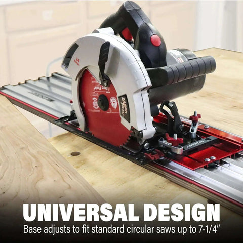 Universal Track Saw Guide For 7-1/4 Inch Circular Saws With 50 Inch Cutting Range And 2 Inch Depth Aluminum Construction in use