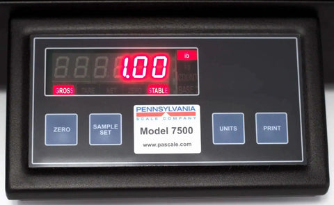 Close-up of Precision Counting Scale for Bench Use with 50 Lb Capacity and 0.002 Lb Resolution showing red LED display.