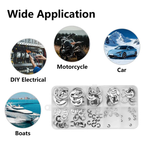 Stainless Steel 304 E-Type Circlip Set DIN 6799-10 Assorted Sizes 1.5 To 10mm 120 Pieces for DIY, motorcycle, car, boat use