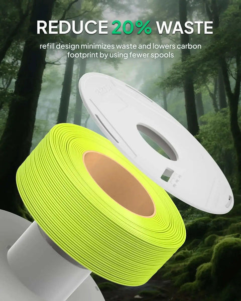 PLA Basic Refill Filament 1.75mm Black 1kg for Reusable Spools and Most 3D Printers, eco-friendly design over forest background