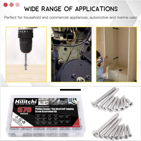 570 Piece Stainless Steel Self Tapping Screw Kit With Phillips Flat And Round Head Screws In 304 Stainless Steel Organized In A Handy Plastic Case For Quick Woodworking Metal Projects Repairs And DIY Tasks Hilitchi