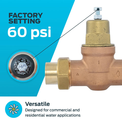 Cash Acme EB45 pressure regulating valve, 1 in sweat, double union, bronze body with metal top, 60 psi