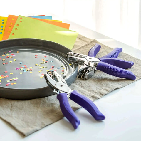 Durable Heavy Duty Hole Punch Set with handy soft grip handles for scrapbooking and crafts, includes star, circle, and heart shapes.