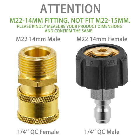 M22 To One Quarter Inch Quick Connect Pressure Washer Adapter Set Pro Grade, 5000 PSI, two adapters, M22 14mm threads