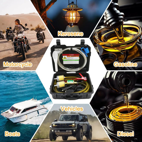Portable 12V Fuel Transfer Pump Kit with case, dual power cords, flexible fuel line for gasoline, diesel, kerosene transfers