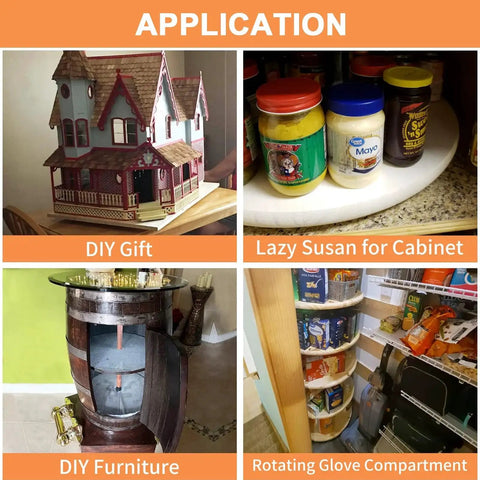 Collage showing applications of Heavy Duty 12 Inch Lazy Susan Bearing Kit With Metal Turntable Ring 300mm for cabinets and storage.
