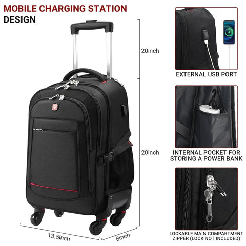 Rolling Backpack With Four Extra Wheels Water Resistant And Airline Approved Underseat Luggage Holds 15.6 Inch Laptop