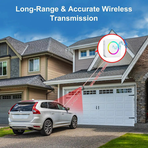 Driveway Alarm With Motion Sensor Door Chime 58 Melodies And 500 Feet Range Smart Detection installed above garage door