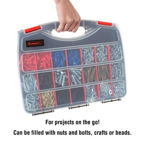 23 Compartment Small Parts Organizer Box With Removable Dividers And Secure Latches For Nuts Bolts Screws Beads Jewelry Tackle And More Grab And Go Portable Plastic Storage Case held by hand, filled with various items.