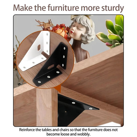 Set Of 4 Beefy Heavy Duty Gusset Joints For Furniture And Shelves With Trapezoid Corner Braces And Bracket Fasteners installed on wood