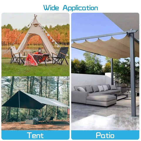 Collage showing tents and patio with fabric tarps, demonstrating wide application of eyelet kit with 110 sets in black and silver.