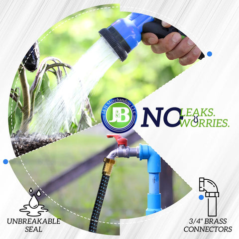 J&B XpandaHose 75ft expandable garden hose with brass 3/4-inch connectors, 10-pattern nozzle, storage bag.