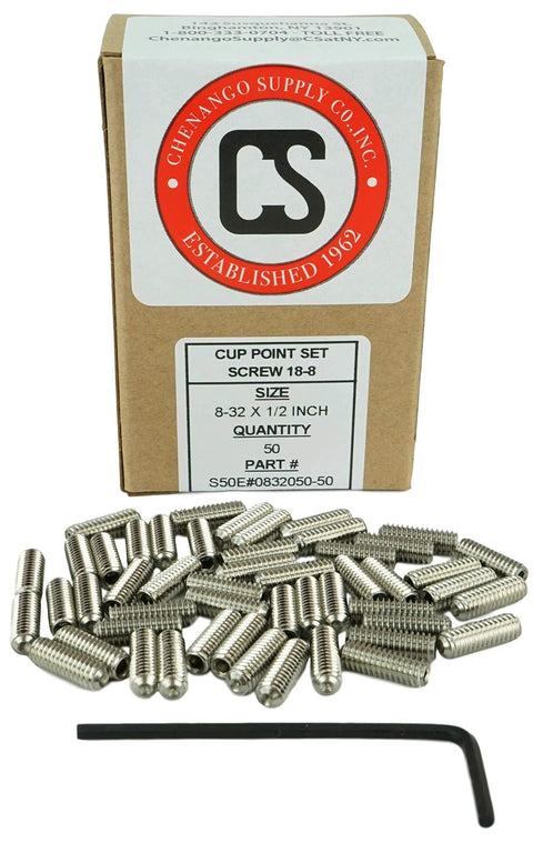 8-32 X 1/2 Inch Stainless Socket Set Screws Cup Point Headless With Hex Key Wrench Pack Of 50 Coarse Thread 18-8 Stainless Steel