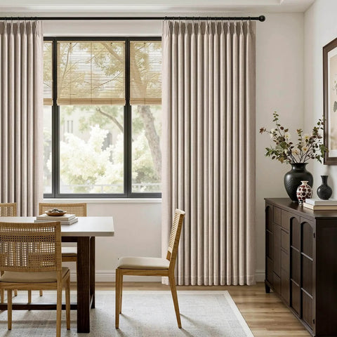 Pinch Pleated Thick Linen Curtains For Living Room And Bedroom 84 Inches Long Two Panels Taupe Rustic Farmhouse Track System Drapes
