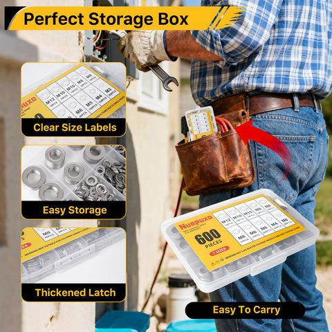 Nuepuxo flat washers assortment kit for screws and bolts in clear box, 600 pcs, 304 stainless steel, 7 sizes M3-M12.
