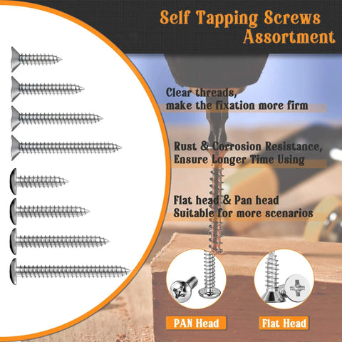 288 Piece Wood And Sheet Metal Screws Kit With Phillips Drive Pan And Flat Head Assortment Marine Grade Carbon Steel Includes Sizes Four To Ten In Three Eighths Inch To Two Inches Lengths For Indoor And Outdoor Projects showing self-tapping screws and pan, flat head details.
