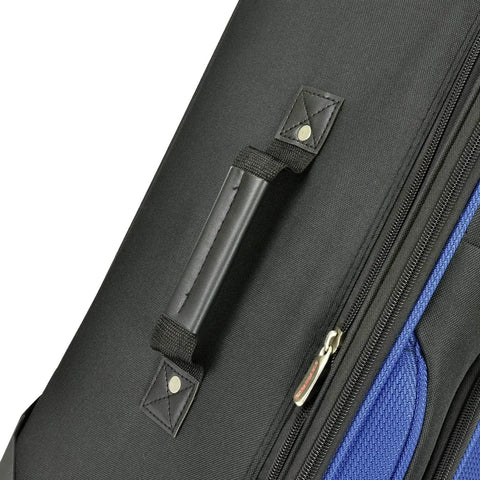 Close-up of handle on New Yorker Lightweight Expandable Rolling Luggage Set By U S Traveler, blue tear-resistant fabric