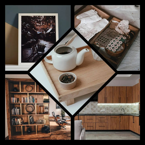 Collage of home interior images: framed artwork, wooden tray with teapot, vintage typewriter in drawer, bookshelves, and modern kitchen.