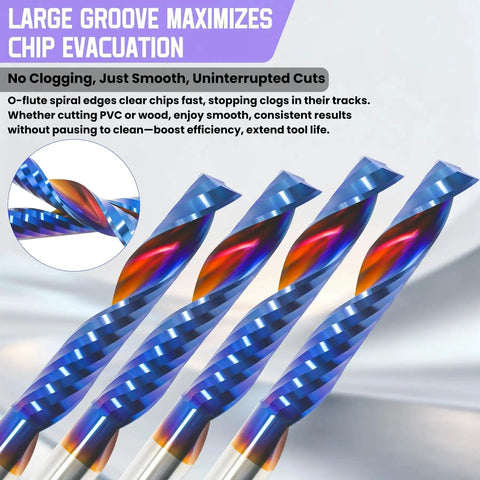 Close-up of O Flute CNC Router Bit Set, 10 Pieces, One Eighth Inch Shank, Tungsten Carbide Upcut Single Flute End Mills by HQMaster.