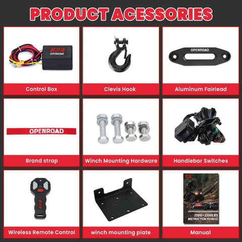 Beefed Up Heavy Duty 2500 Lb 12V ATV UTV Winch With Waterproof Electric Motor accessories including control box, clevis hook, wireless remote.