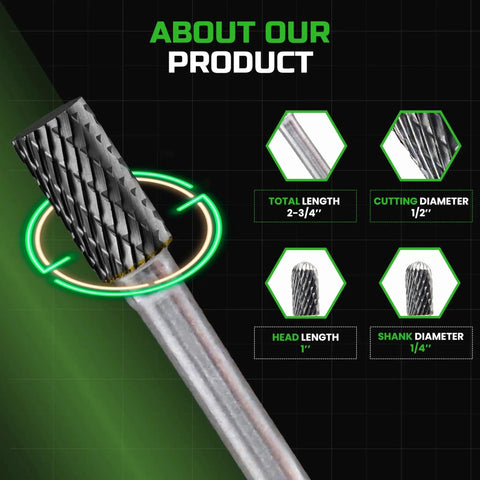 10 Pcs Double Cut Carbide Burr Set With Quarter Inch Shank For Die Grinders And Rotary Tools, product dimensions shown