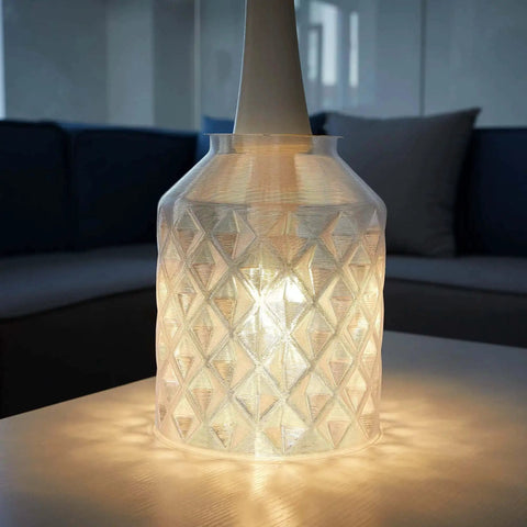 Lamp with a shade made from clear 1.75mm polycarbonate filament, showcasing transparent PC filament's beefy strength and heat resistance.