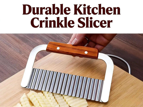 French Fry Slicer With Stainless Steel Blade And Wooden Handle For Crinkle And Waffle Fries Pickles And Veggies Durable Kitchen Knife For Safe Easy Meal Prep And Fun Food Cutting displayed on a cutting board with crinkle-cut fries.