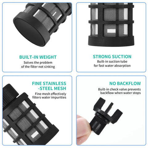 4-pack hose filters with 60-mesh stainless steel inlet strainers and built-in check valve for 3/8–1/2 in hoses.