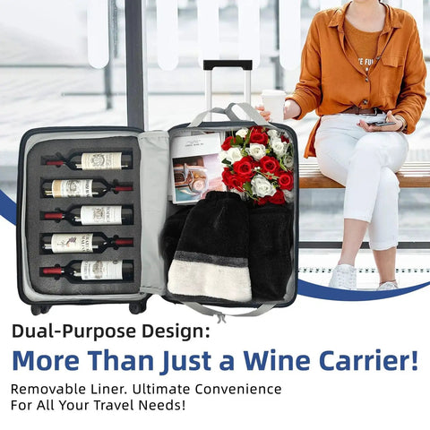 Wine Lovers 10 Bottle Travel Case With TSA Lock And Silent Spinner Wheels open to reveal wine bottles and accessories