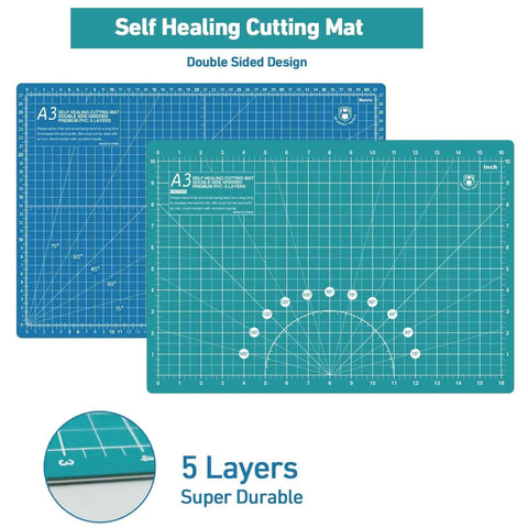 All In One 45mm Rotary Cutter Set For Sewing And Quilting With 5 Extra Blades, A3 Cutting Mat, Quilting Ruler, 10 Replacement Knife Blades, 20 Sewing Clips And Craft Knife Pack In Turquoise showing A3 cutting mat with grid lines and protractor marks, highlighted layers.