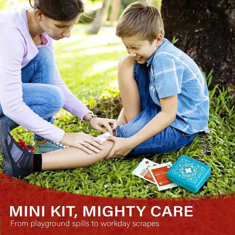 Child receiving first aid with Pocket Aid Mini First Aid Kit With 50 Must Have Items In A Durable Hard Shell Case by Everlit