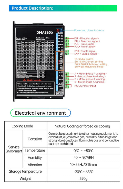 Diagram of Four Pack DMA860S 2-Phase Stepper Motor Driver for CNC Router and Engraving Machine, showing wiring and specifications.