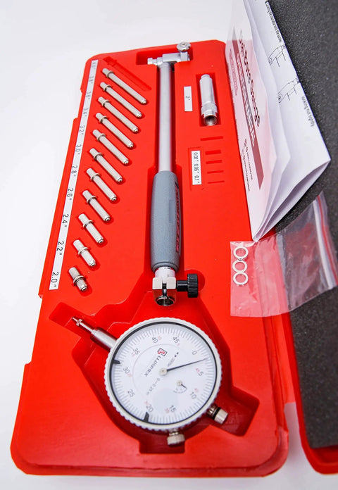 Precision Bore Gauge Set 2 To 6 Inch Range With 0.0005 Inch Increments, Includes 11 Anvils And 3 Washers, One Anvil Preinstalled In Probe With 10 More In Case, Self Centering Bore Gauge For 6 Inch Depth, Pro Grade LLDSIMEX Ready For Machining in red case.