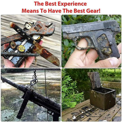 Four retrieved metal items using 2625 Lb N52 Double Sided Fishing Magnet Kit With Rope For River Lake Beach