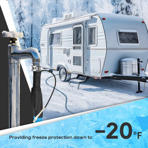 RVGUARD heated water hose, 25 ft, Amazon-branded, connected to an RV in snow; thermostat for freeze protection.