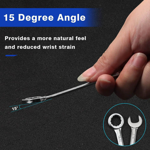 Hand holding Metric 10 Piece Mini Wrench Set with Open End and Box End Handles for easy grip and use in tight spaces.