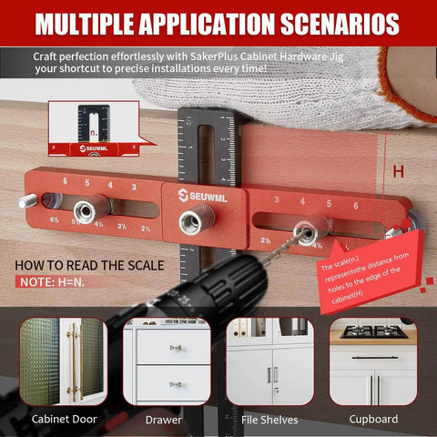 Effortlessly align cabinet hardware with a precision adjustable jig that supports multiple hole spacings, showing scale and drill guide
