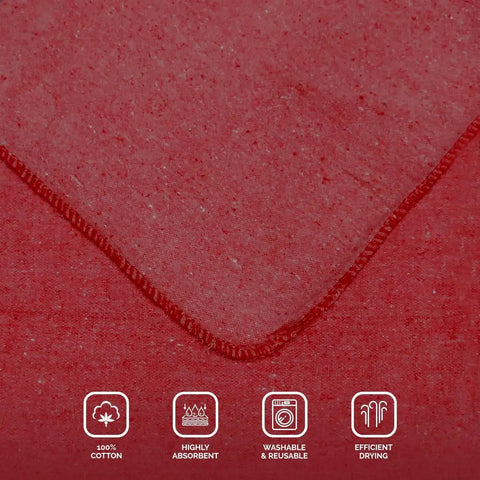 Heavy Duty Cotton Shop Towels Red Pack Of 150 Absorbent Cleaning Rags For Auto Garage And Home. Close-up of red towel material.