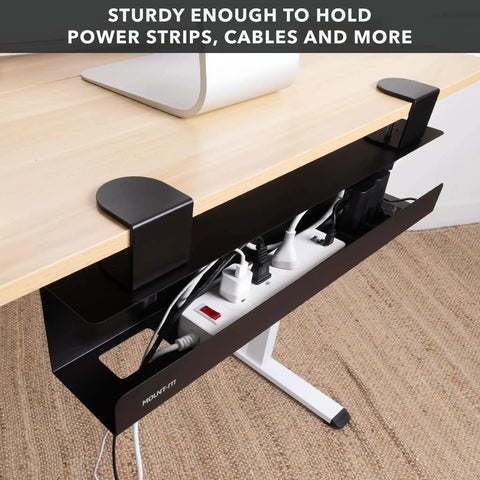 Under Desk Cable Management Tray Clamp-On No-Drill Metal Organizer for cords and wires on a desk with power strip setup