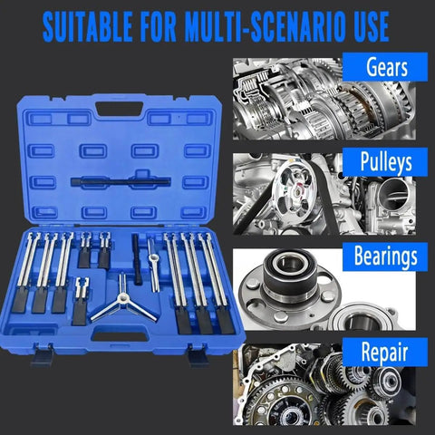 6 In 1 Gear Puller Set With 13 Pieces Including 2 Jaw And 3 Jaw Bearing Puller Kit in blue case next to images of gears, pulleys, bearings.