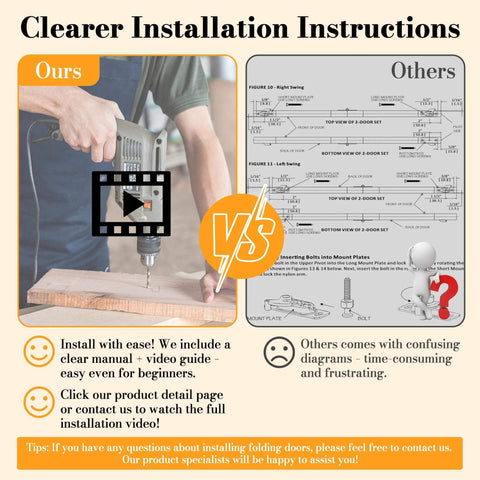 Comparison of installation instructions with video guide vs detailed diagrams for bifold doors.