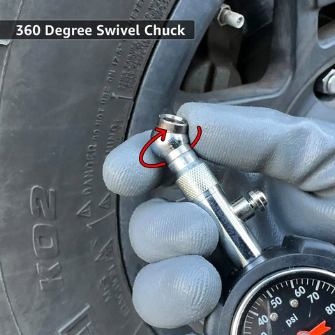 JACO Deluxe Tire Pressure Gauge 100 PSI by Amazon, metal handheld gauge with 360-degree swivel chuck.