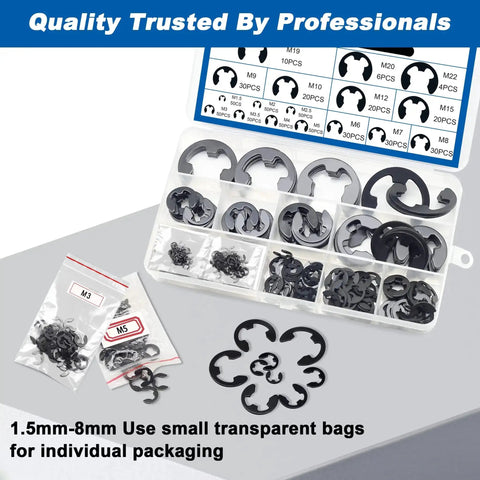 Dope External E Clip Circlip Retaining Rings Kit 550 Pcs With Carbon Steel Rings And 1 Pcs Tweezers Includes Sizes M1.5 To M22 For Machinery Automotive DIY Projects displayed in tray with individual packaging